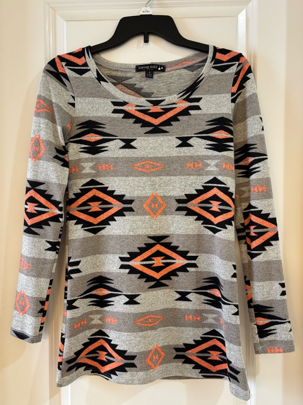 Living Doll Gray Aztec-Print Long Sleeve Top with Coral Accents S